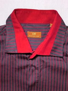 Steven Land Mens Striped French Cuff Dress Shirt XXL 17.5-36/37 Black Red